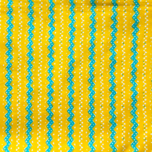 Pure Cotton Screen Print Yellow With Blue Small Zig-Zag Design Fabric