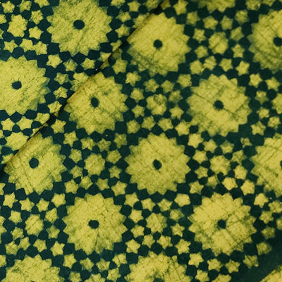 Pure Cotton Special Akola Dabu Dark Green With Lime Yellow Small And Big Flower Motifs Hand Block Print Fabric