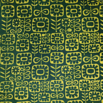 Pure Cotton Special Akola Dabu Dark Green With Lime Yellow With Flower Motifs Hand Block Print Fabric