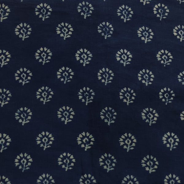 Pre-cut 1 meter Pure Cotton Special Akola Indigo With Bloomed Flowers Hand Block Print Fabric