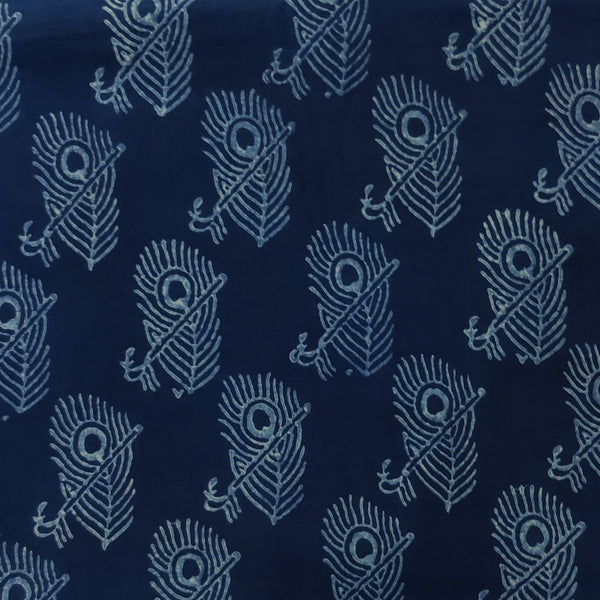 (PRE-CUT 1.45 METER) Pure Cotton Special Ankola Indigo With  Peacock Feather Hand Block Print Fabric