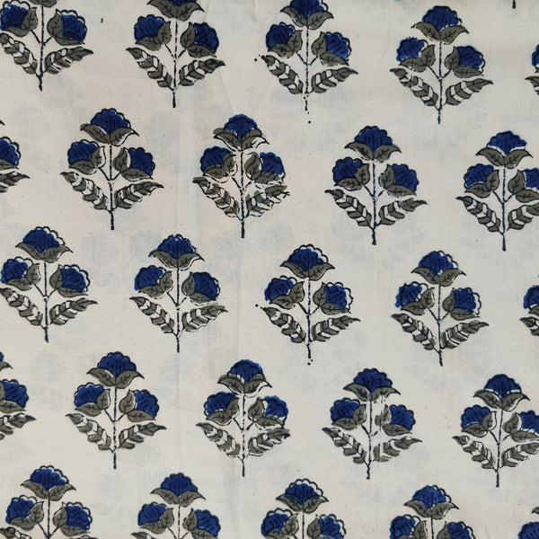 Pre-cut 1.30 meter Pure Cotton Special Double Ajrak Cream With Blue And Grey Plant Hand Block Print Fabric