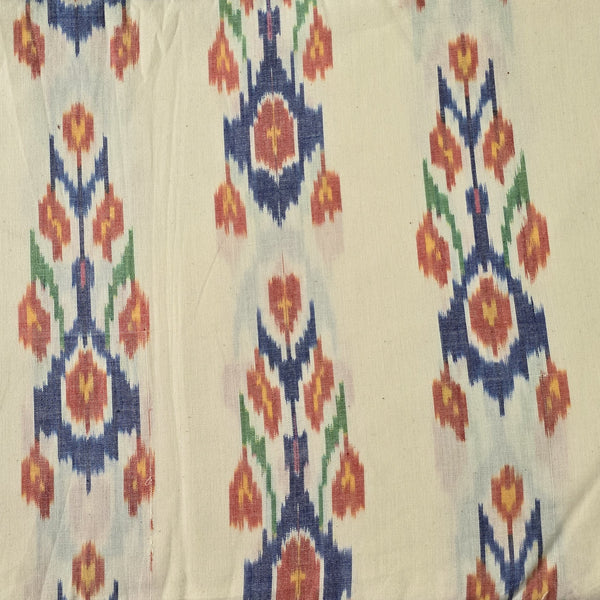 (PRE-CUT 1.45 METERPure Cotton Special Double Ikkat White With Big Flower Plant Motif Hand Woven Fabric