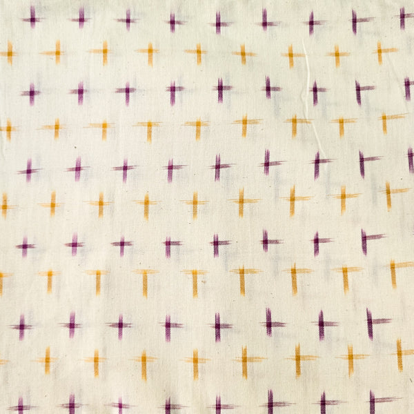 (Pre-Cut 0.85 Meter) Pure Cotton Special Double Ikkat Cream With Mustard Purple Plus Weave Motif Woven Fabric