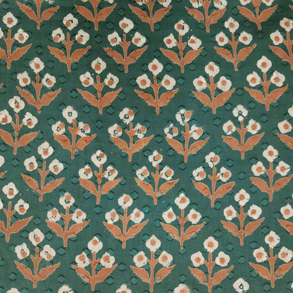 ( Pre-Cut 1.50 Meter ) Pure Cotton Teal Discharge With Cream Orange Grass Flowers Hand Block Print Fabric