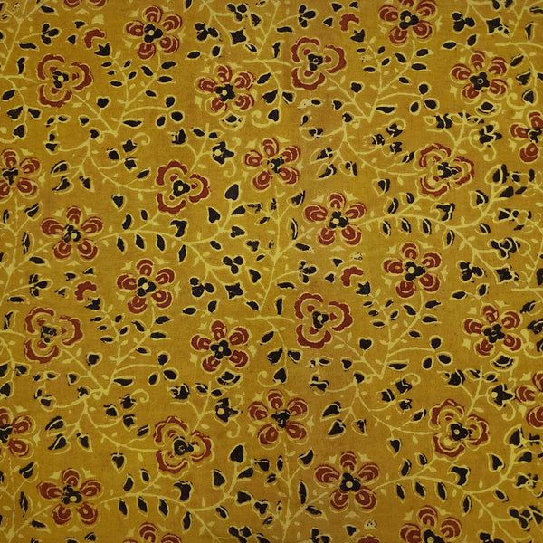 Pre-cut 0.90 cm Pure Cotton Tumeric Dyed With Rust Floral Jaal Hand Block Print Fabric