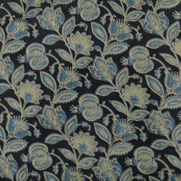 (Pre-Cut 1.45 Meter) Pure Cotton Vanasati Black With Green Blue Jaal Hand Block Print Fabric