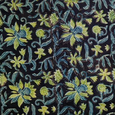 ( Pre-Cut 2 Meter ) Pure Cotton Vanaspati Black With Blue Green Floral Jaal Hand Block Print Fabric