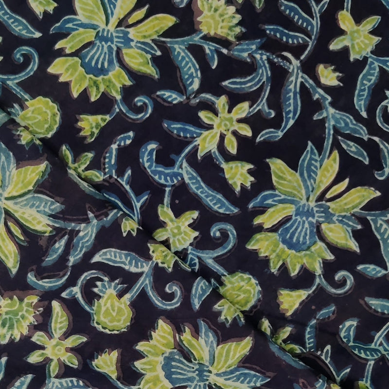 ( Pre-Cut 2 Meter ) Pure Cotton Vanaspati Black With Blue Green Floral Jaal Hand Block Print Fabric