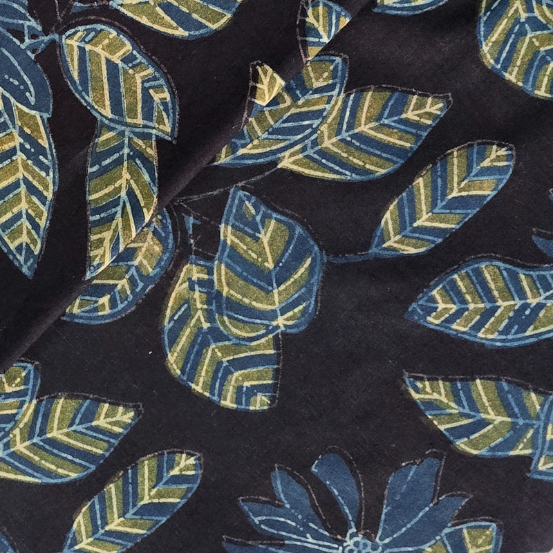 Pure Cotton Vanaspati Black With Blue With Mustard  Big Jungle Flowers Jaal Hand Block Print Fabric