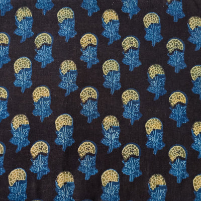 Pure Cotton Vanaspati Black With Blue With Mustard Dahlia Flower Motif Hand Block Print Fabric