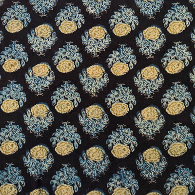 Pure Cotton Vanaspati Black With Blue With Mustard Flower Motif Hand Block Print Fabric