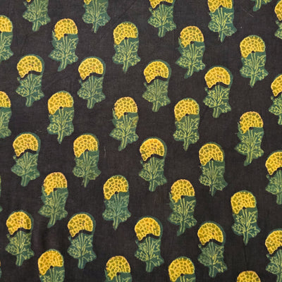 Pure Cotton Vanaspati Black With Green And YellowDahlia Flower Motif Hand Block Print Fabric