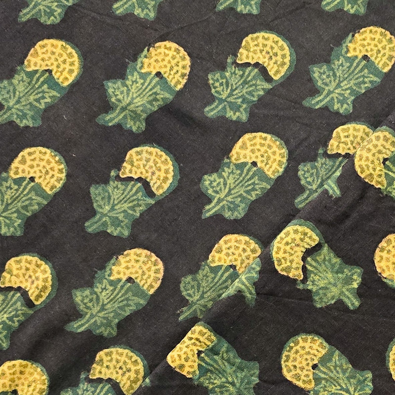 Pure Cotton Vanaspati Black With Green And YellowDahlia Flower Motif Hand Block Print Fabric