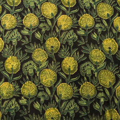 Pure Cotton Vanaspati Black With Green And  Yellow Flower Jaal Hand Block Print Fabric