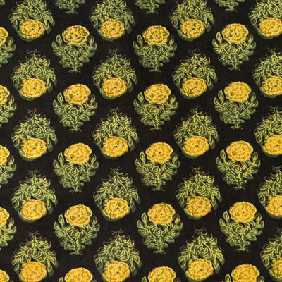 Pure Cotton Vanaspati Black With Green And Yellow Flower Motif Hand Block Print Fabric