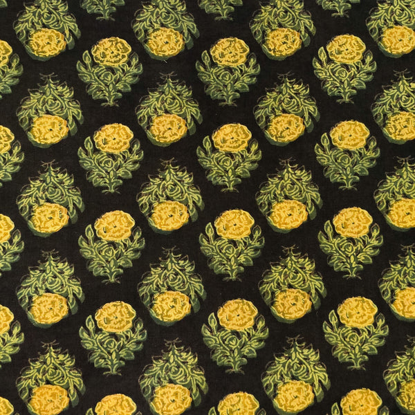 (Pre-cut 0.90 meter)Pure Cotton Vanaspati Black With Green And Yellow Flower Motif Hand Block Print Fabric