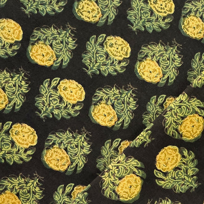 Pure Cotton Vanaspati Black With Green And Yellow Flower Motif Hand Block Print Fabric