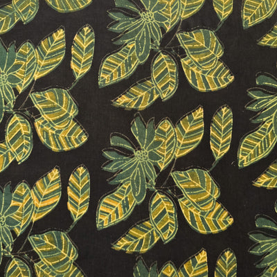 Pure Cotton Vanaspati Black With Green With Yellow Big Jungle Flowers Jaal Hand Block Print Fabric