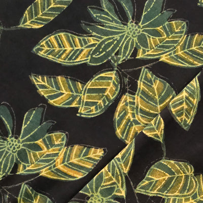 Pure Cotton Vanaspati Black With Green With Yellow Big Jungle Flowers Jaal Hand Block Print Fabric