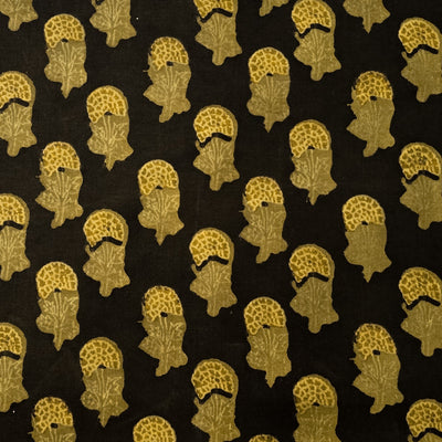 Pure Cotton Vanaspati Black With Mustard Dahlia Flower Motif Hand Block Print Fabric