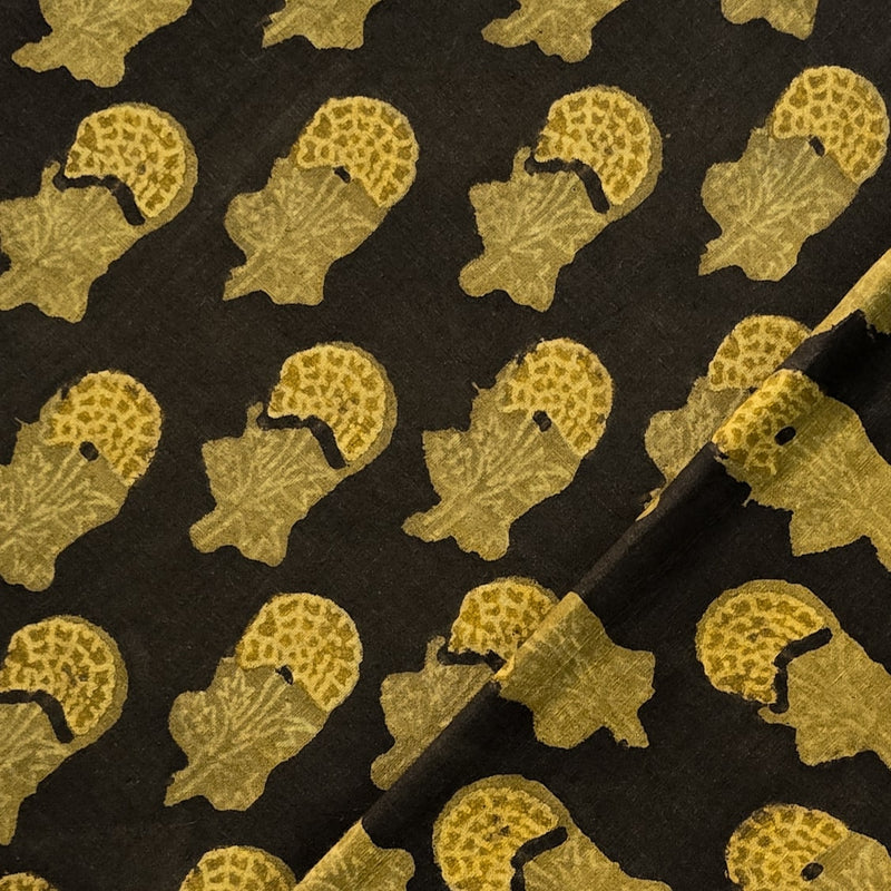 Pure Cotton Vanaspati Black With Mustard Dahlia Flower Motif Hand Block Print Fabric