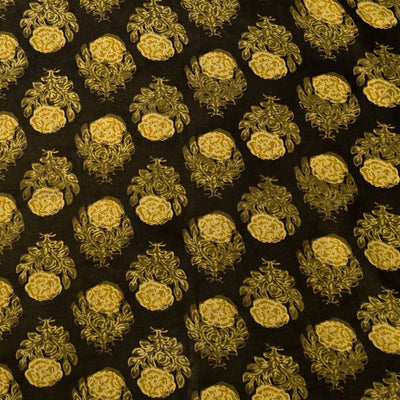 Pure Cotton Vanaspati Black With Mustard Flower Motif Hand Block Print Fabric