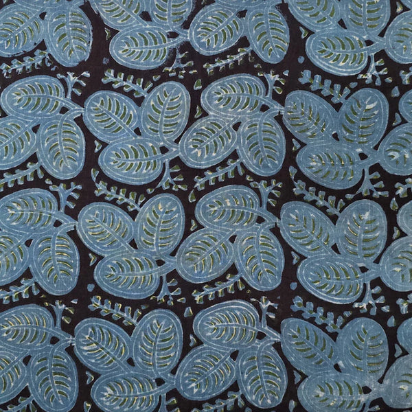 Pre-Cut 2.5 Meter Pure Cotton Vanaspati Black With Rust Blue Leaves Motif Hand Block Print Fabric