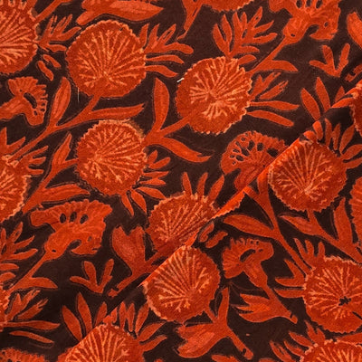 Pure Cotton Vanaspati Black With Rust Red Flowers Jaal Hand Block Print Fabric