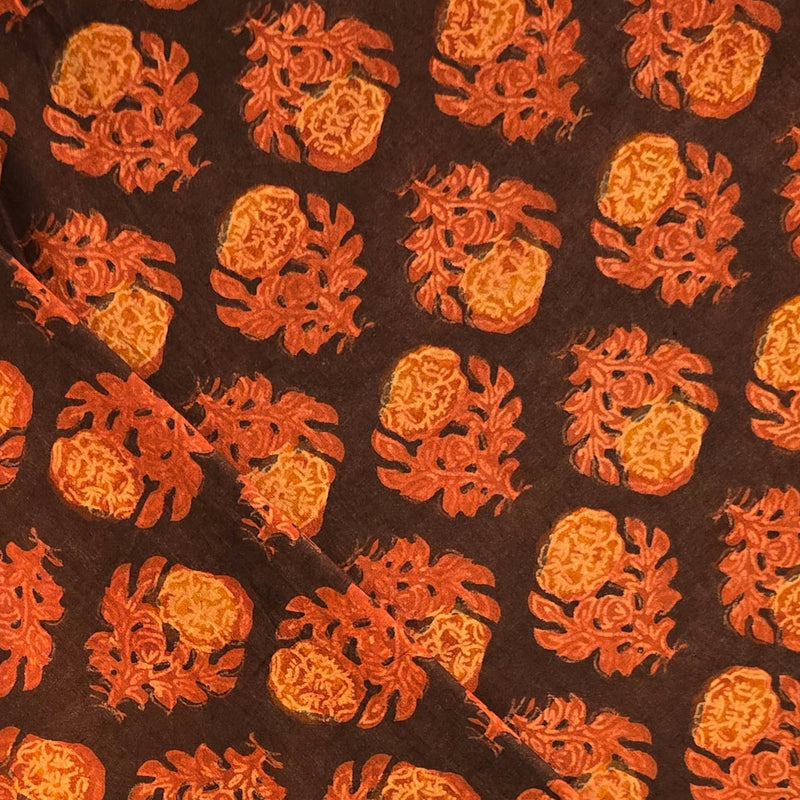 Pure Cotton Vanaspati Black With Rust Red With Mustard Flower Motif Hand Block Print Fabric