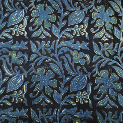 Pure Cotton Vanaspati Black With Teal Blue Wild Flower Jaal Hand Block Print Fabric