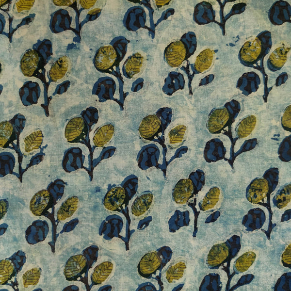BLOUSE PIECE 0.90 METER Pure Cotton Vanaspati Blue With Green Blue Plant Motifs Hand Block Print Fabric