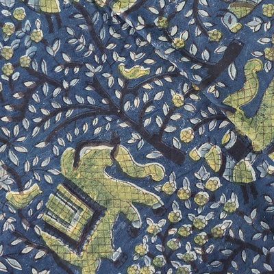 Pure Cotton Vanaspati Blue With Green Elephant Hand Block Print Fabric