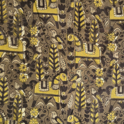 Pure Cotton Vanaspati Brown With Mustard Animal Design  Hand Block Print Fabric