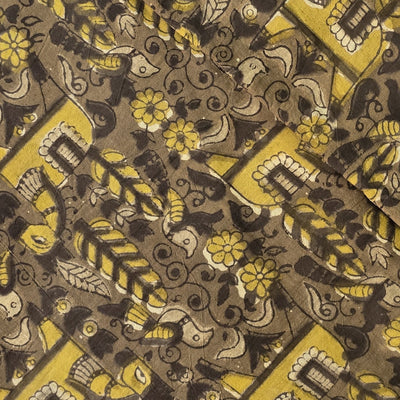 Pure Cotton Vanaspati Brown With Mustard Animal Design  Hand Block Print Fabric