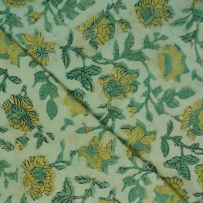 ( Pre-Cut 1 Meter ) Pure Cotton Vanaspati Green With Marrigold Jaal Hand Block Print Fabric