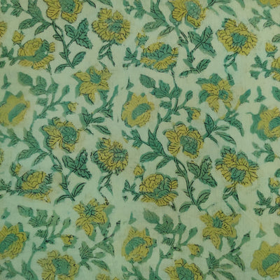 ( Pre-Cut 1 Meter ) Pure Cotton Vanaspati Green With Marrigold Jaal Hand Block Print Fabric