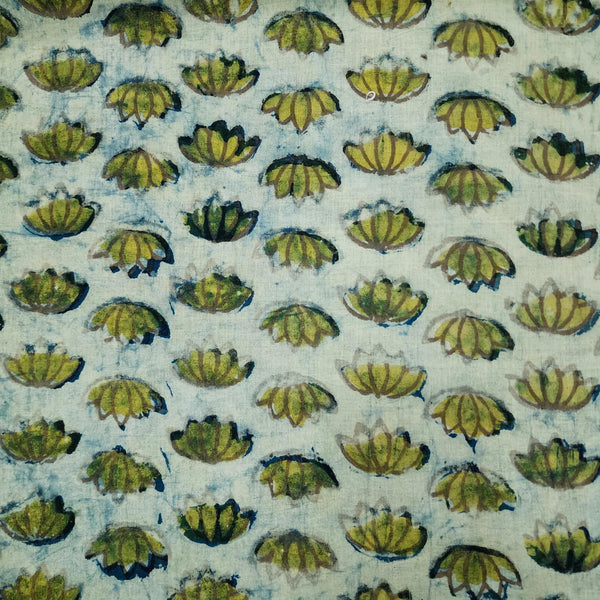PRE-CUT 1.75 METER Pure Cotton Vanaspati Light Blue With Green Small Lotus Hand Block Print Fabric