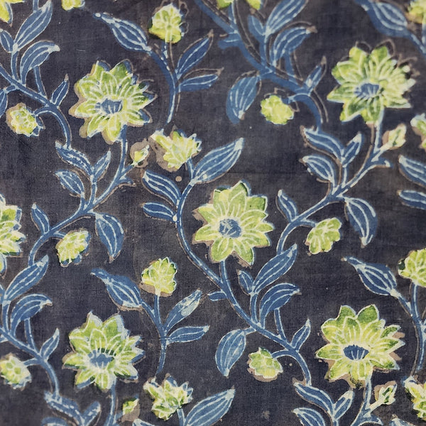 Pure Cotton Vanaspati Midnight With Green Floral Jaal Hand Block Print Fabric