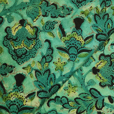 Pure Cotton Vanaspati Mint Green Wild Jungle Flower Hand Block Print Fabric
