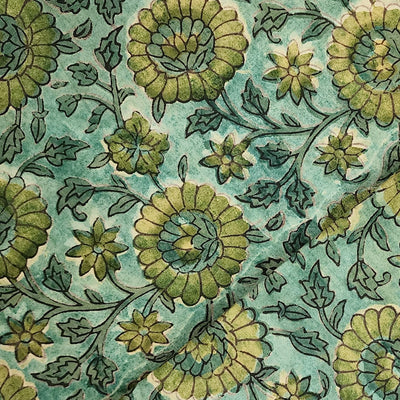 Pure Cotton Vanaspati Mint Green With Light Green Flower Jaal Hand Block Print Fabric
