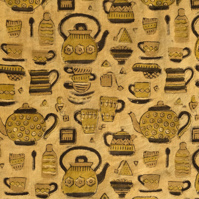 Pure Cotton Vanaspati Mustard  And Brown Tea Pot Motif Hand Block Print Fabric