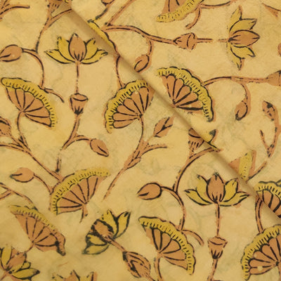 ( Pre-Cut 0.80 Meter ) Pure Cotton Vanaspati Mustard With Lotus Jaal Hand Block Print Fabric