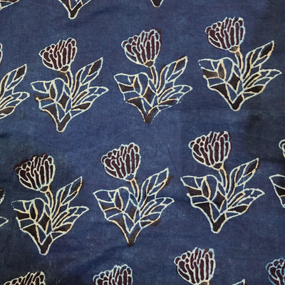 Pure Cotton Vanaspati Rust Blue With Black Rose Motif Hand Block Print Fabric