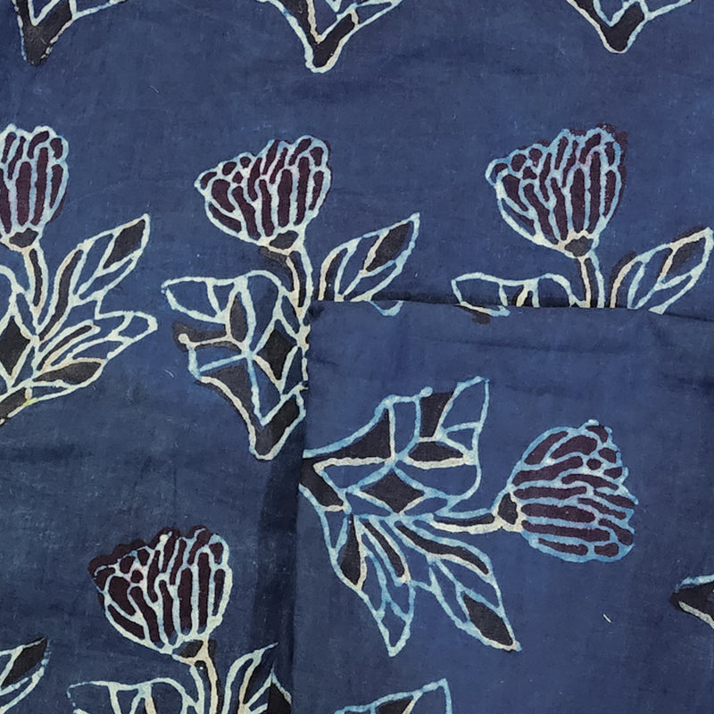 Pure Cotton Vanaspati Rust Blue With Black Rose Motif Hand Block Print Fabric