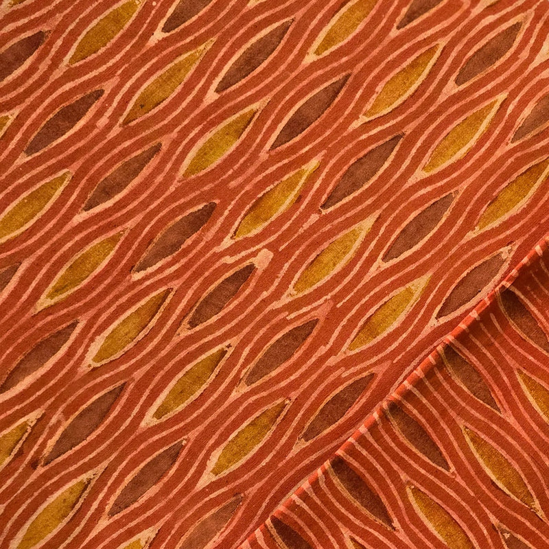 Pure Cotton Jahota Rust Orange With Brown And Mustard Hand Block Print Fabric