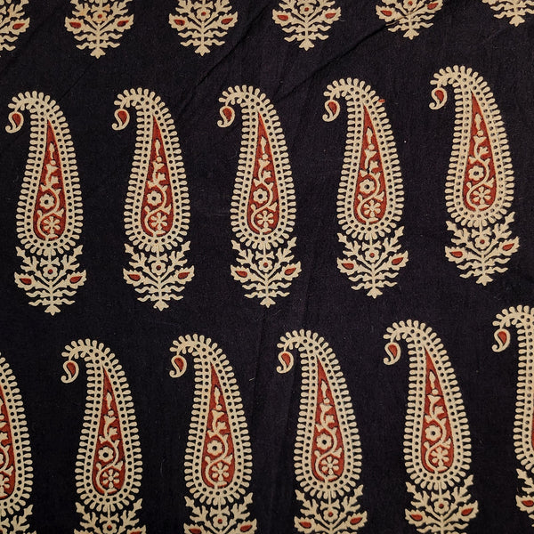 (Pre Cut 1.45 Meter )Pure Cotton Vegetable Dyed  Black With Red Big Kairi  Hand Block Print Fabric