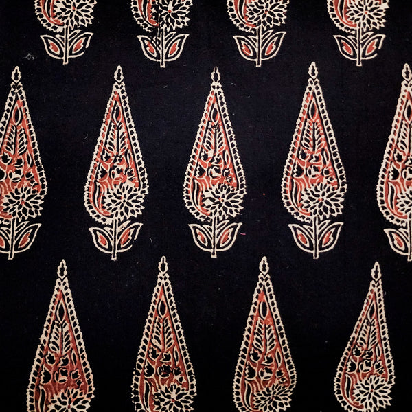 BLOUSE PIECE 0.90 METER Pure Cotton Vegetable Dyed Ajrak Black With Cream And Rust  Big Leafs Motifs  Hand Block Print Fabric