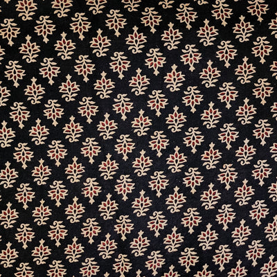 Pure Cotton Vegetable Dyed Ajrak Black With Cream Intricate Lotus Flower Motif  Hand Block Print Fabric