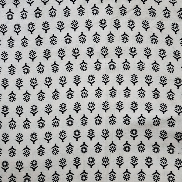 (Pre Cut 1.5 Meter )Pure Cotton Vegetable Dyed Ajrak Cream With Black Flower Tiny Motif Facing Opposite Hand Block Print Fabric